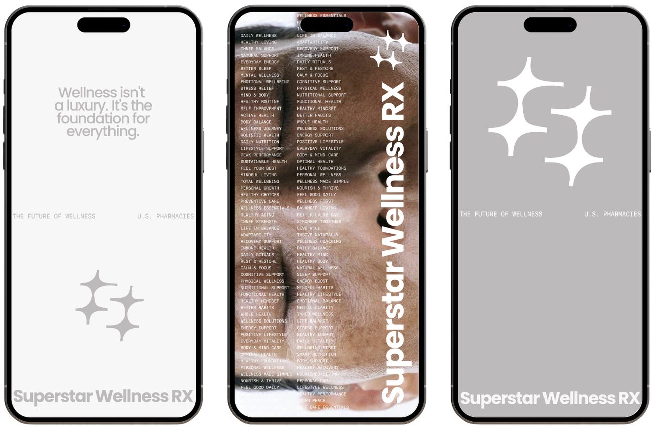 Three phone screens showing the Superstar Wellness RX app identity